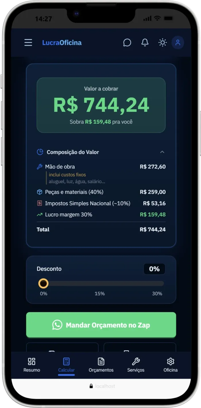 Calculadora — valor a cobrar e composição de custos